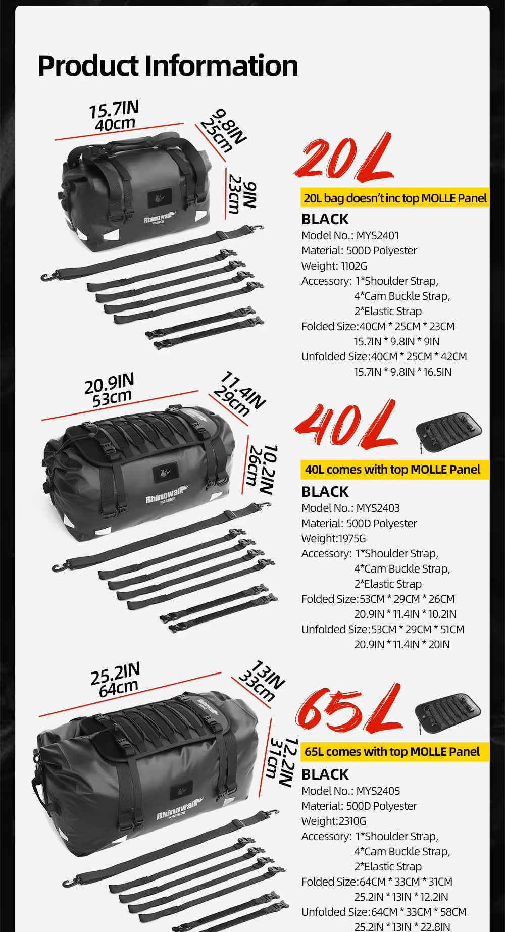 Sac de selle étanche / Roll-top 20L/40L/65L Rhinowalk – vue produit